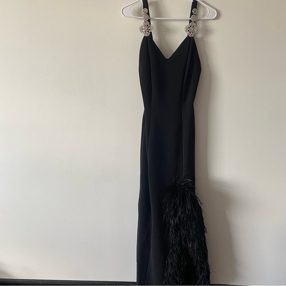 Vintage 90s Lillie Rubin Black Crystal Detailed Strap Feather Slit Evening Gown - Picture 8 of 17